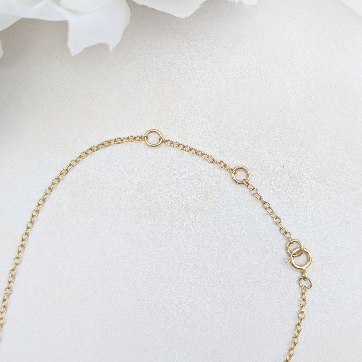 Adjustable extension chain detail of Pearl inline necklace for brides designed & handmade by Susie Warner.