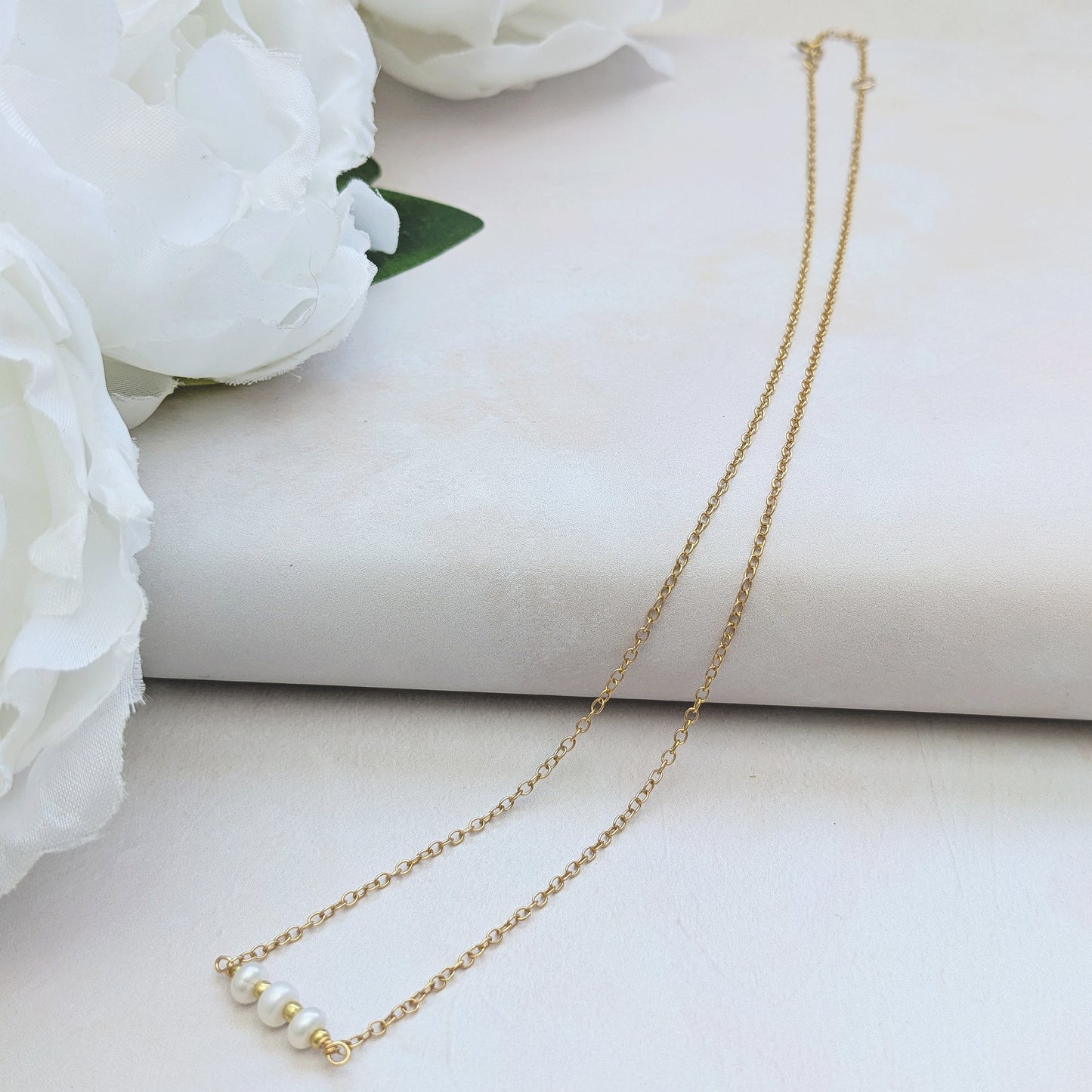 Gold pearl stationed bar necklace for brides designed & handmade by Susie Warner.