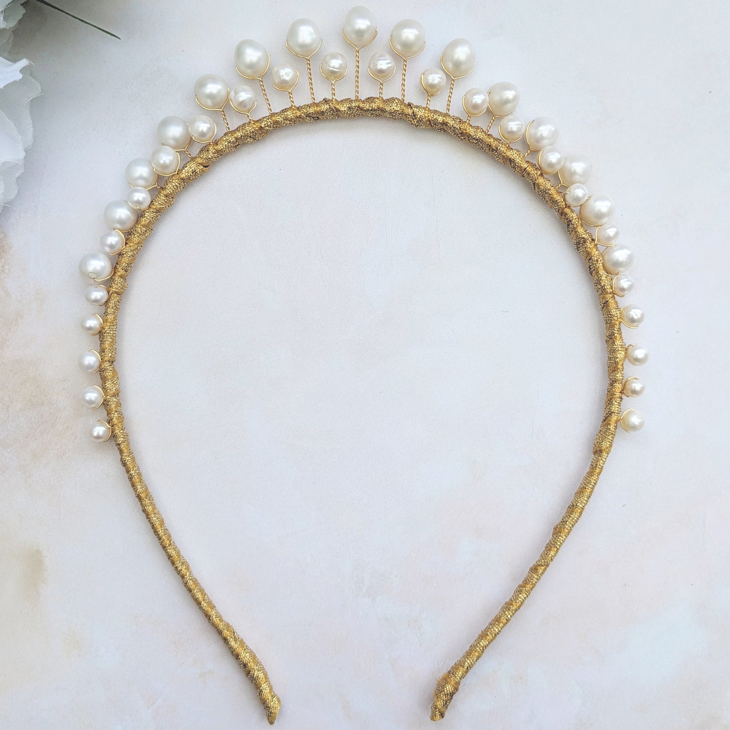 Statement freshwater pearl graduated bridal crown for weddings designed & handmade by Susie Warner.