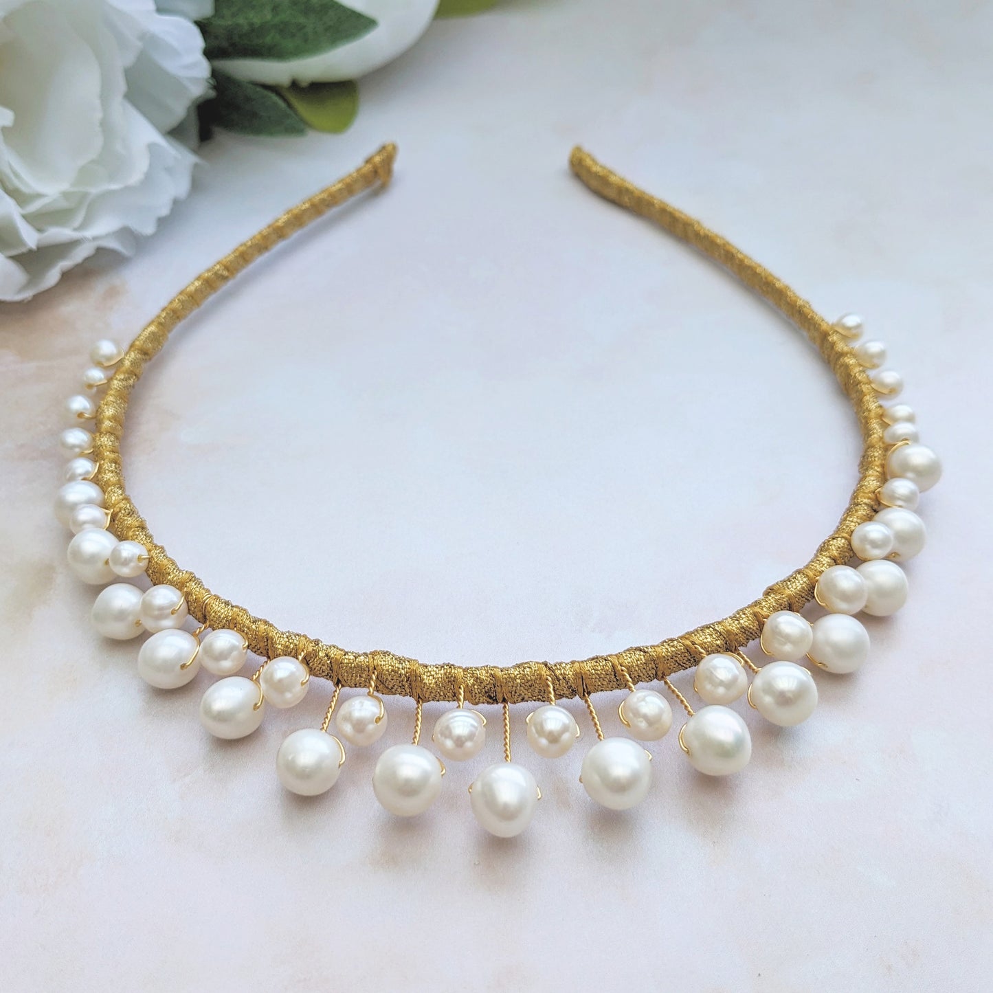 Statement pearl graduated bridal crown designed & handmade by Susie Warner.