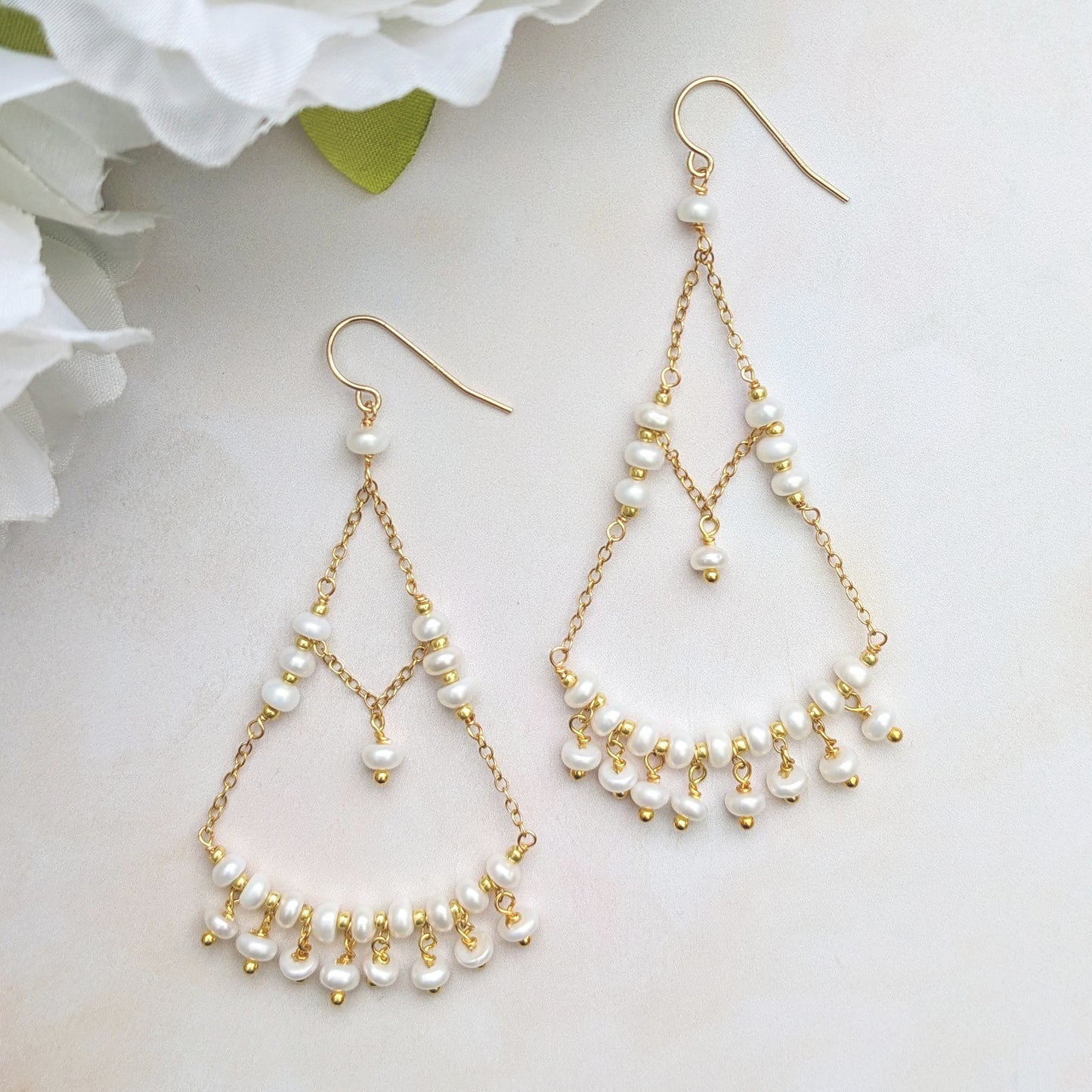 Pearl chandelier earrings for weddings designed & handmade by Susie Warner.