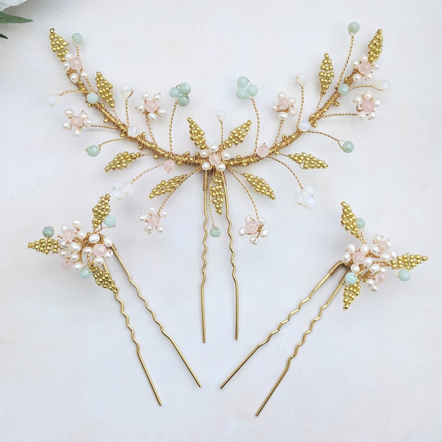 Statement botanical hair pin set with semi precious gemstones designed & handmade by Susie Warner.