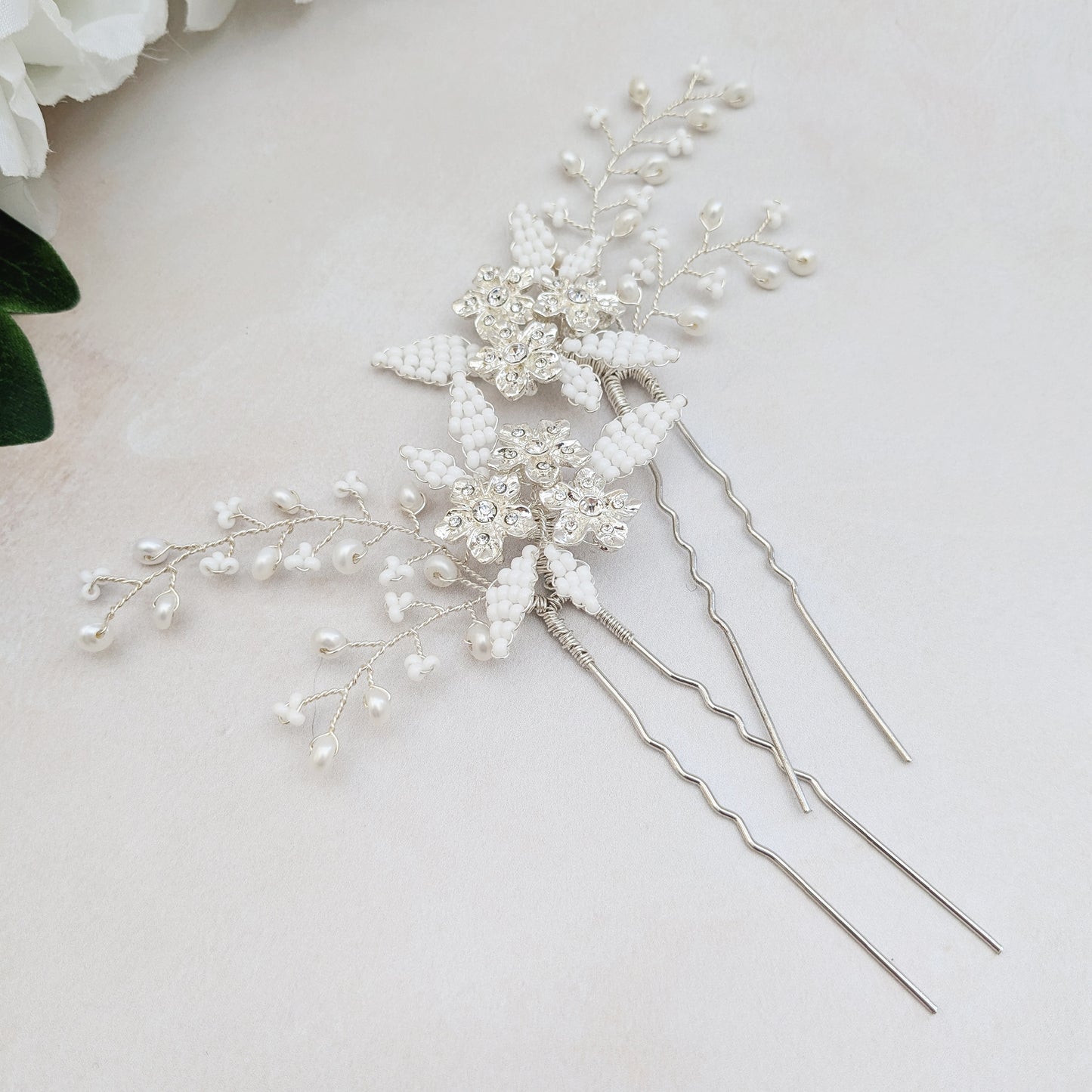 Romantic silver floral hair pins designed & handmade by Susie Warner.