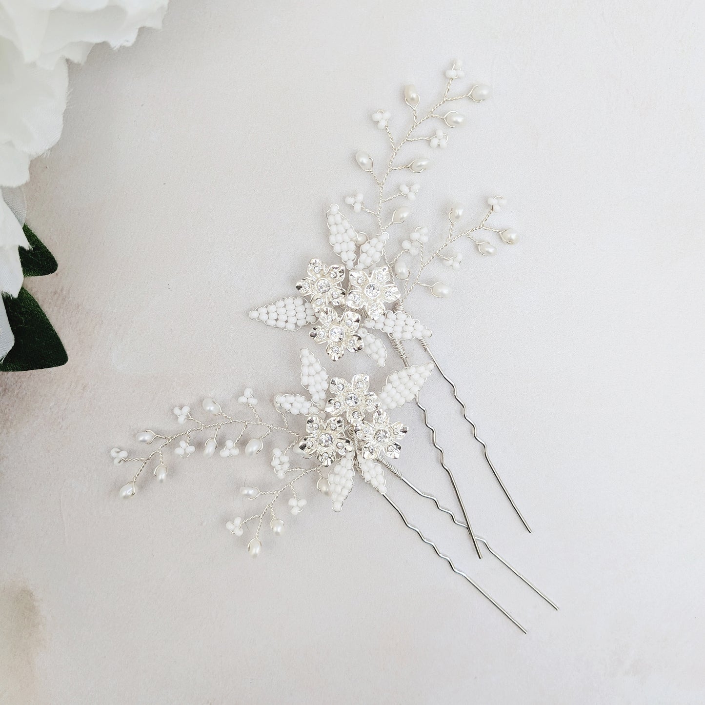 Silver floral bridal hair accessories designed & handmade by Susie Warner.