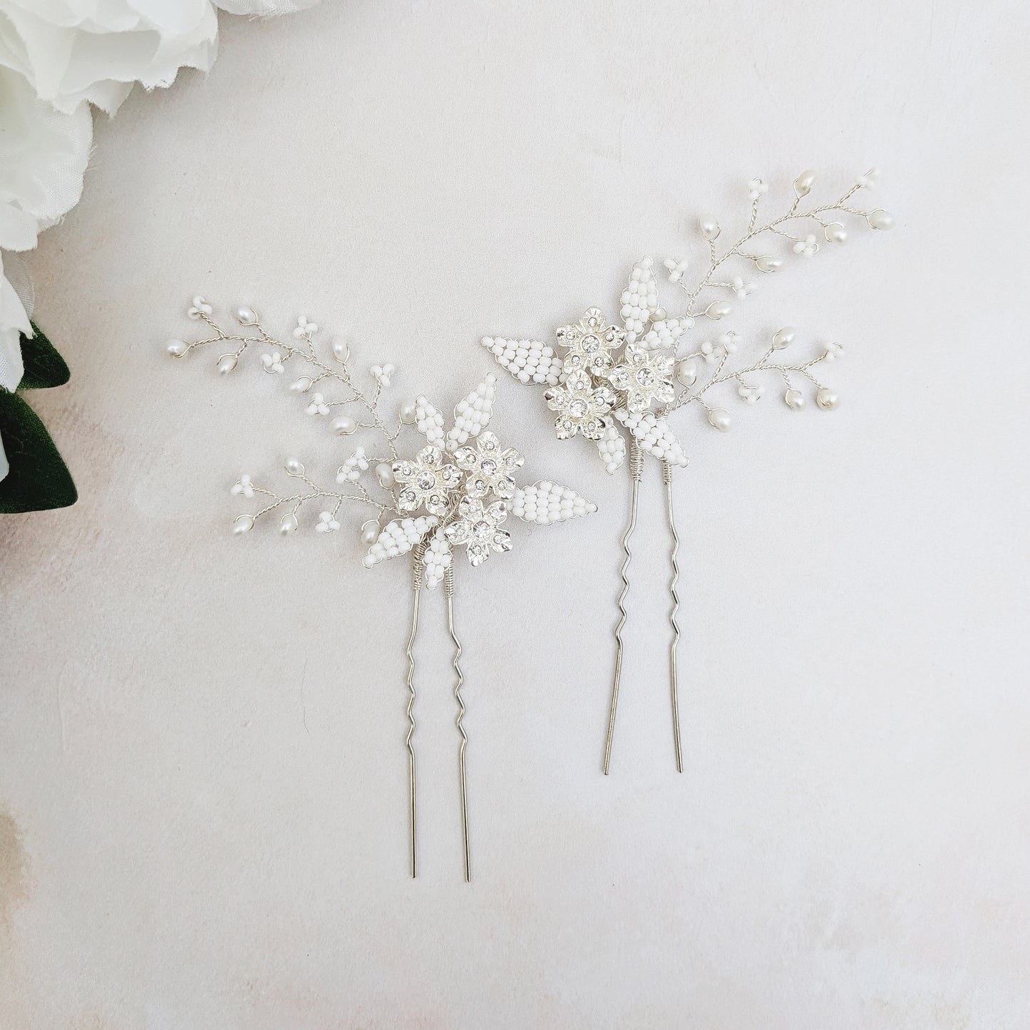 Silver floral hair pins for brides designed & handmade by Susie Warner.