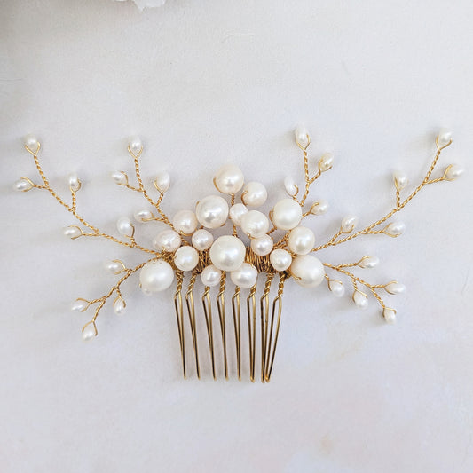 Bridal hair comb with clusters of Freshwater Pearls designed & handmade by Susie Warner.