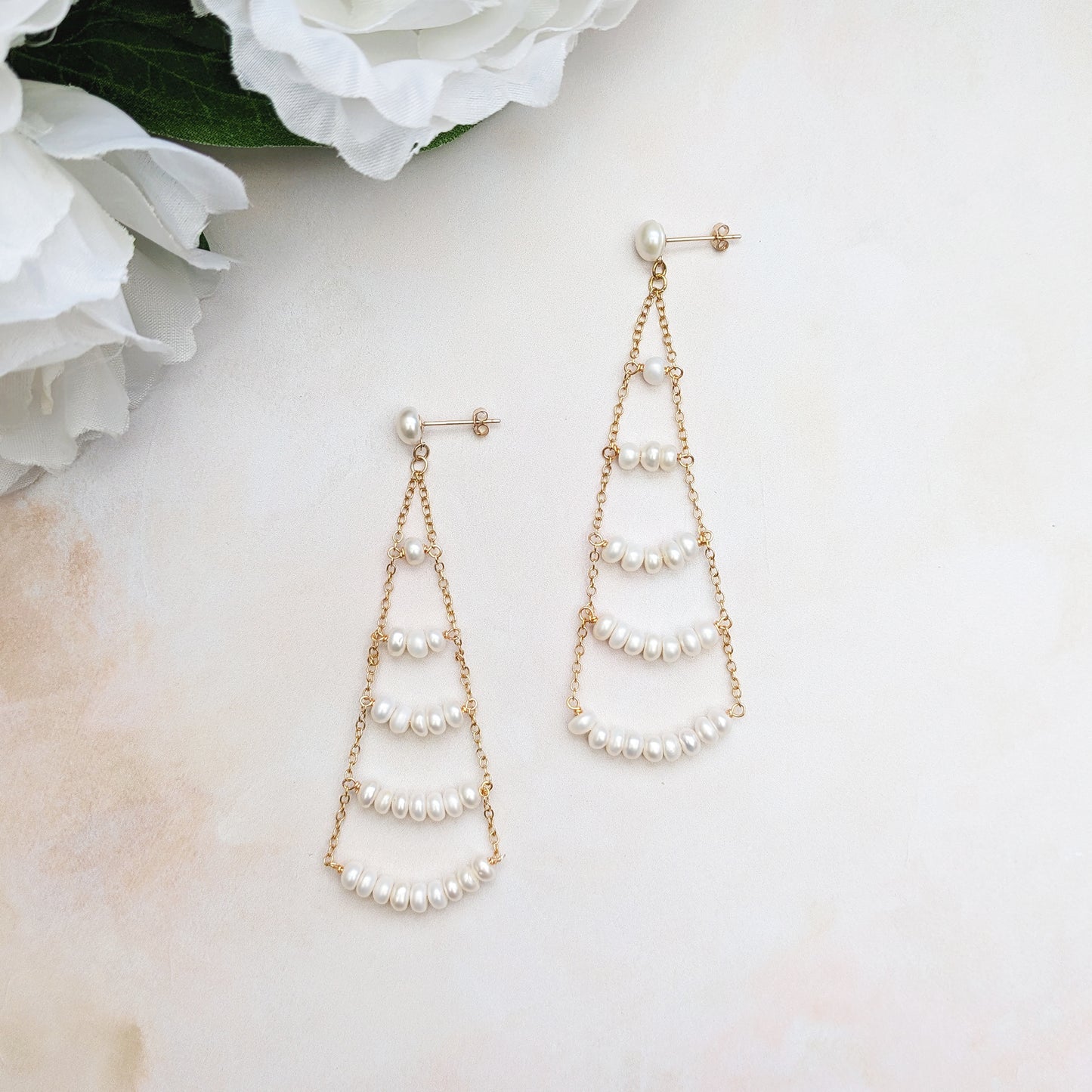 Pearl chandelier statement wedding earrings designed & handmade by Susie Warner.