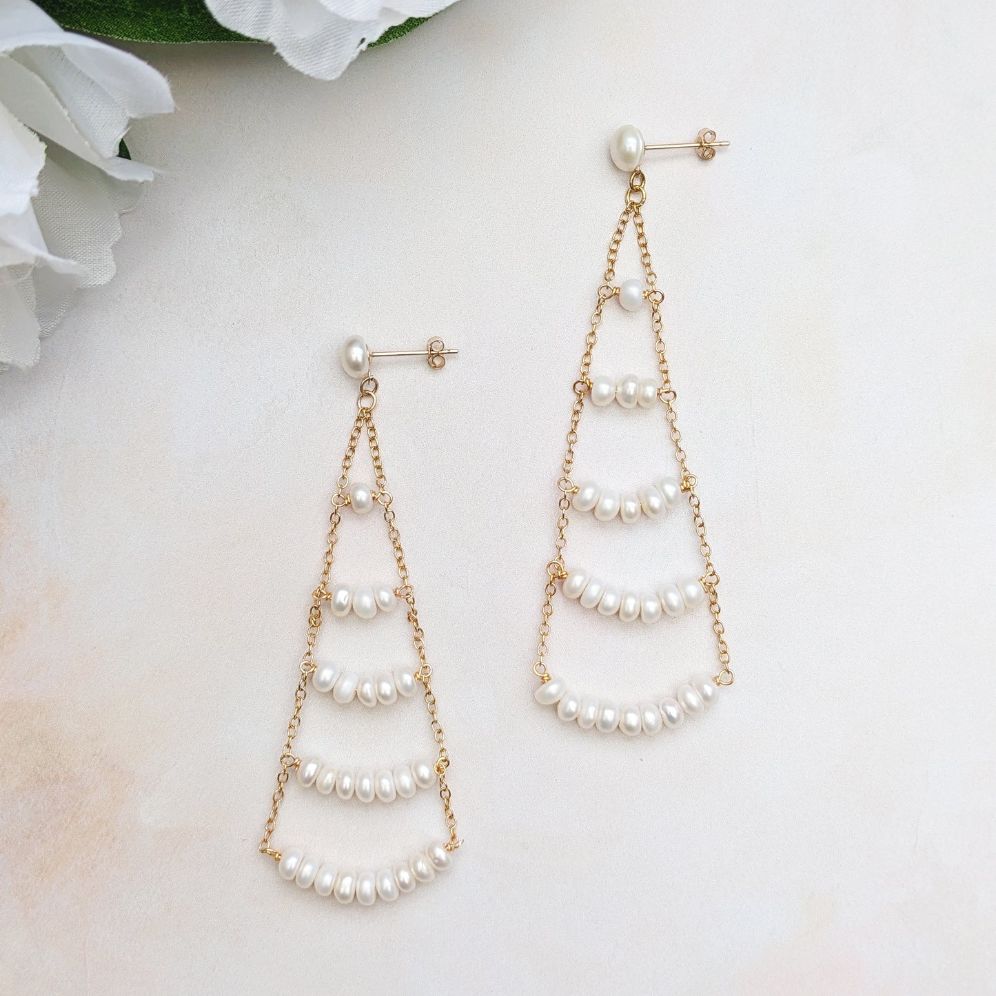 Modern Pearl chandelier earrings for weddings designed & handmade Susie Warner.