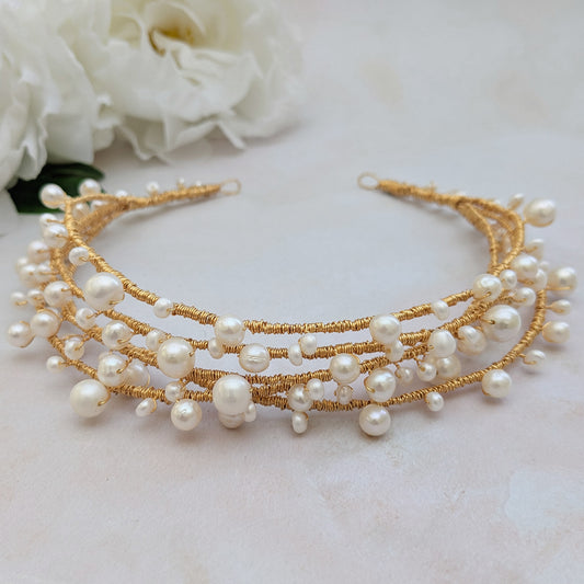 Stacked Freshwater Pearl headpiece for modern brides designed & handmade by Susie Warner.