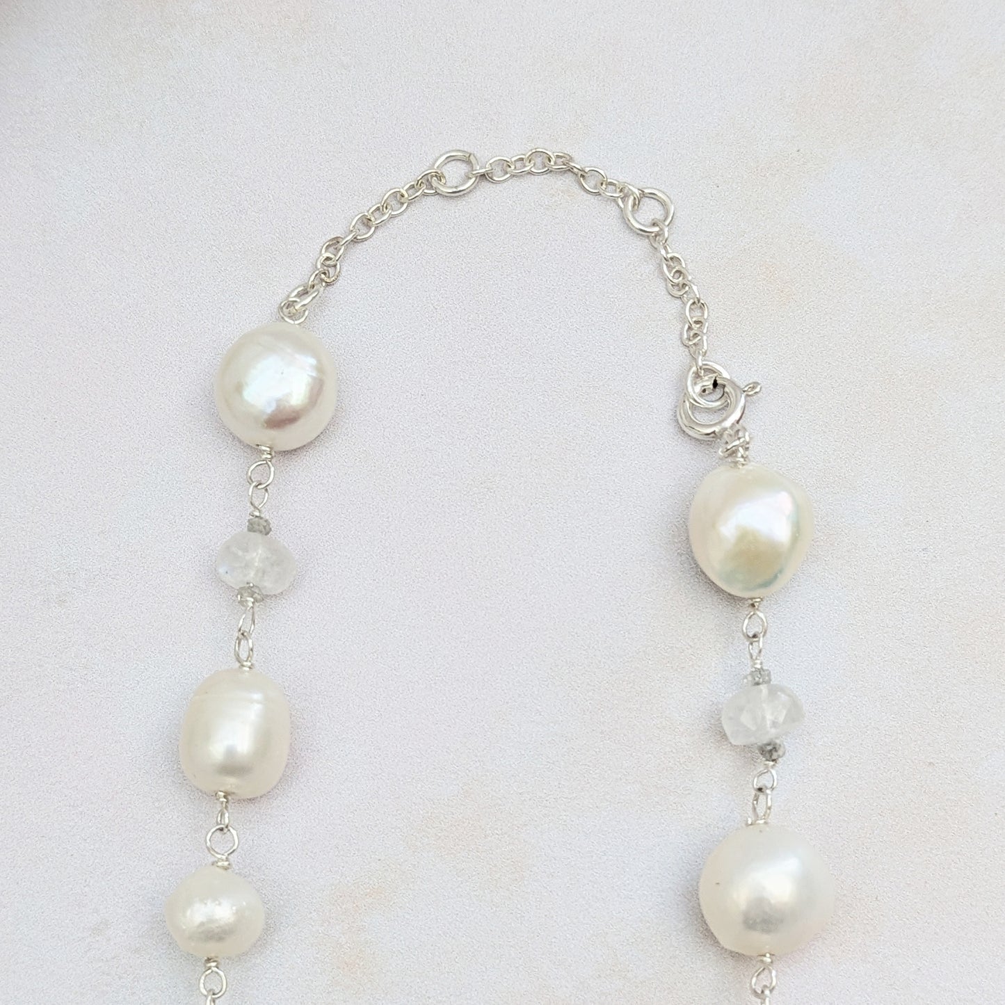Adjustable statement pearl, moonstone & diamond nugget necklace for brides designed & handmade by Susie Warner.