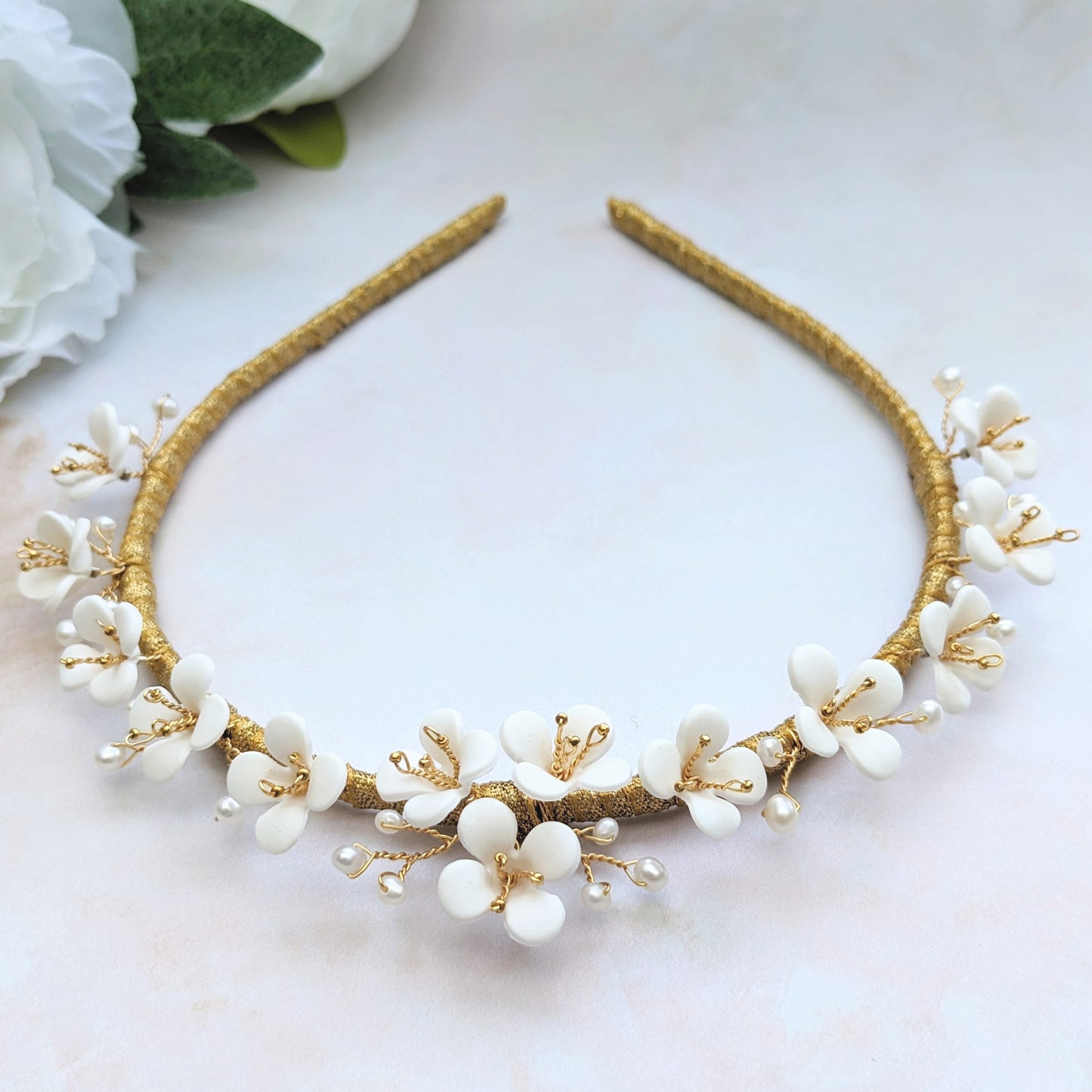 Modern floral bridal crown for weddings designed & handmade by Susie Warner.