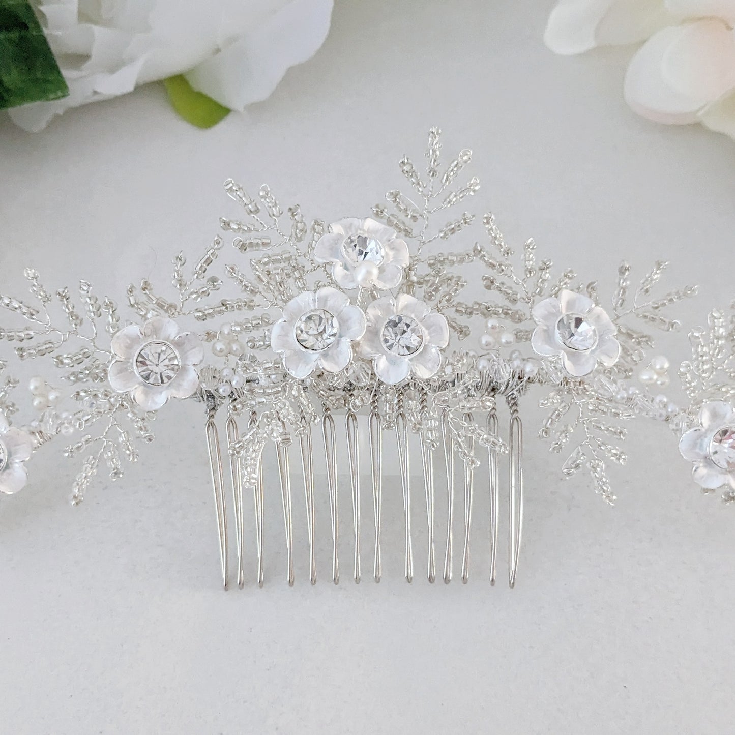 Diana White Flower & Beaded Leaf Bridal Headpiece