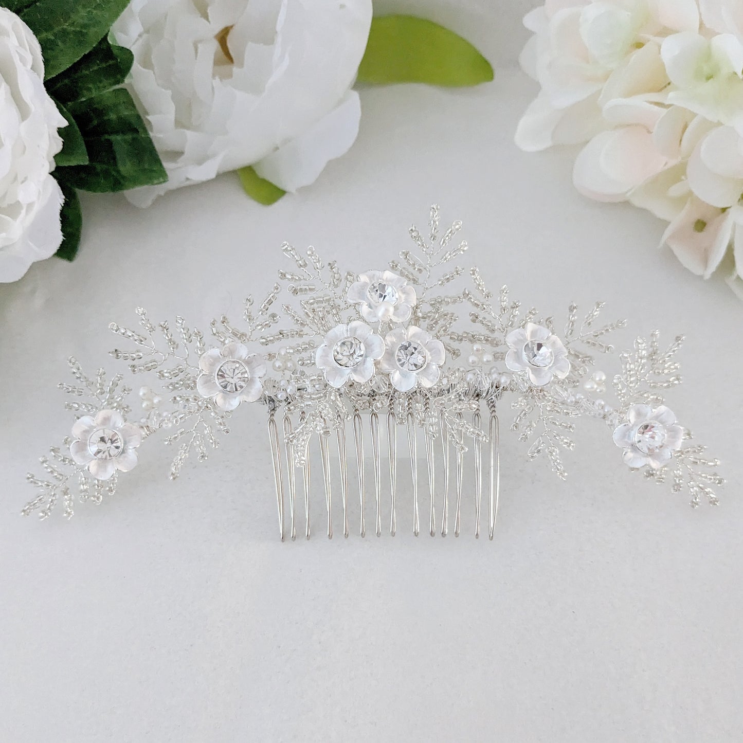 Diana White Flower & Beaded Leaf Bridal Headpiece