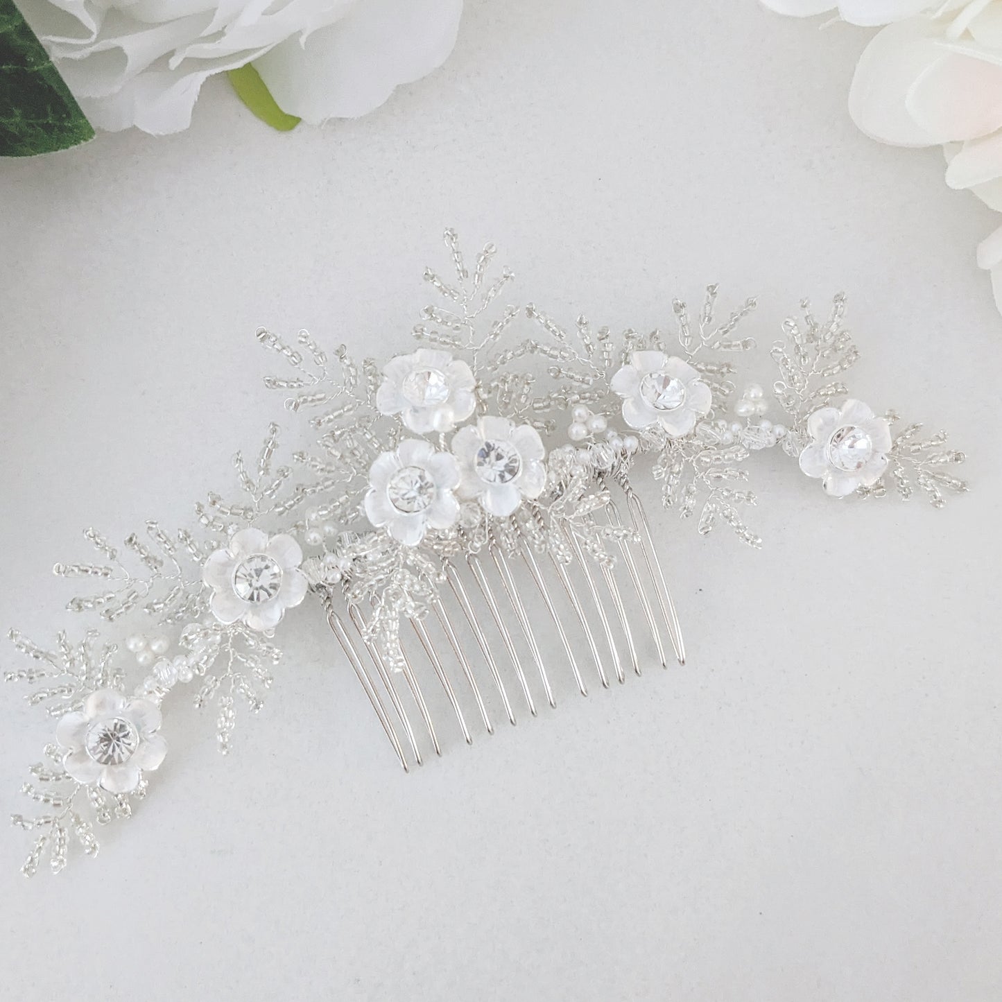 Diana White Flower & Beaded Leaf Bridal Headpiece