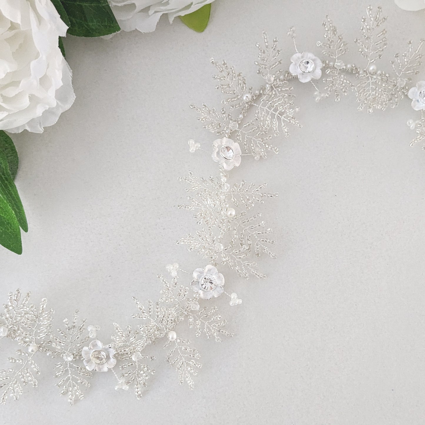 Diana White Flower & Beaded Leaf Hair Vine