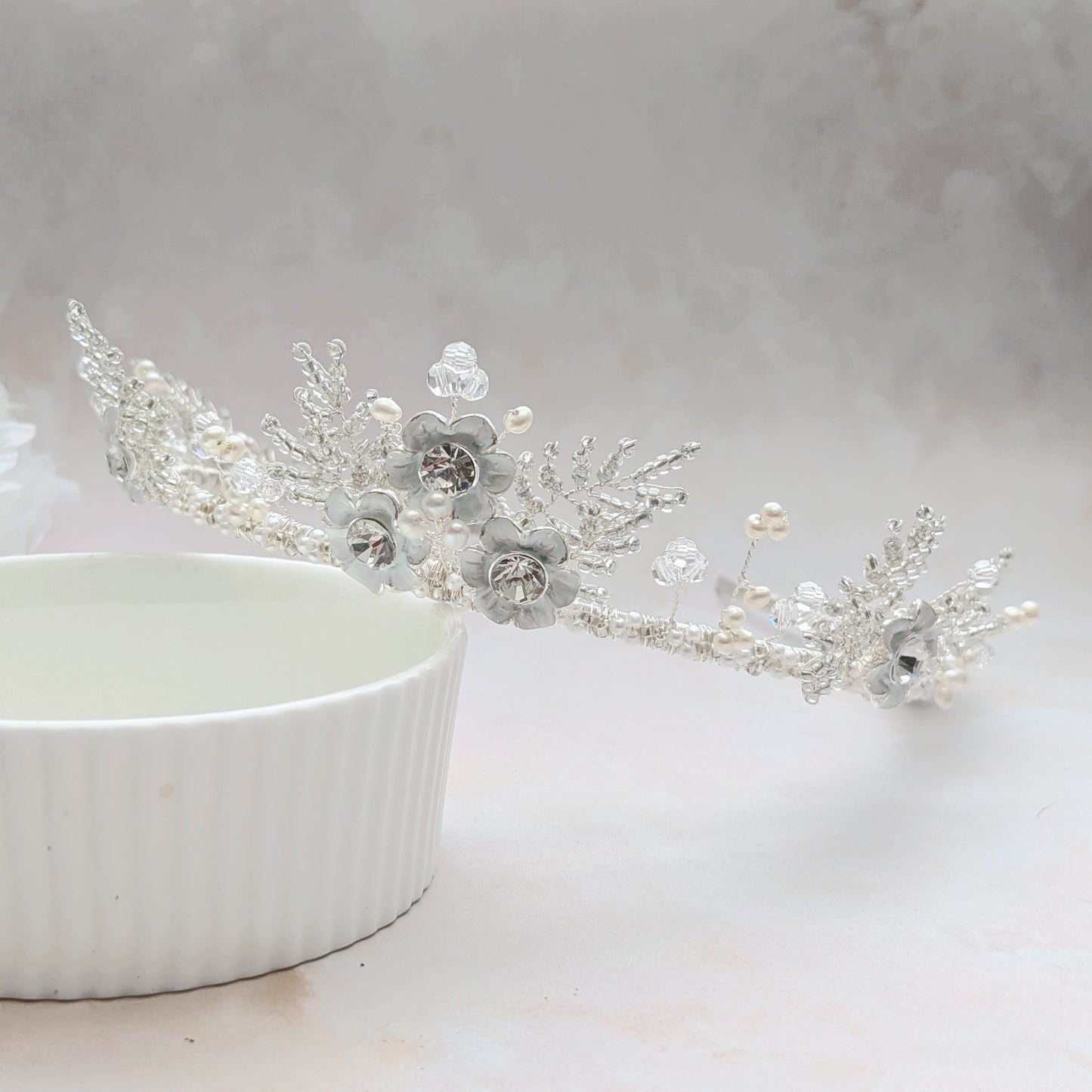Statement floral tiara with hand beaded leaves for weddings designed & handmade by Susie Warner.