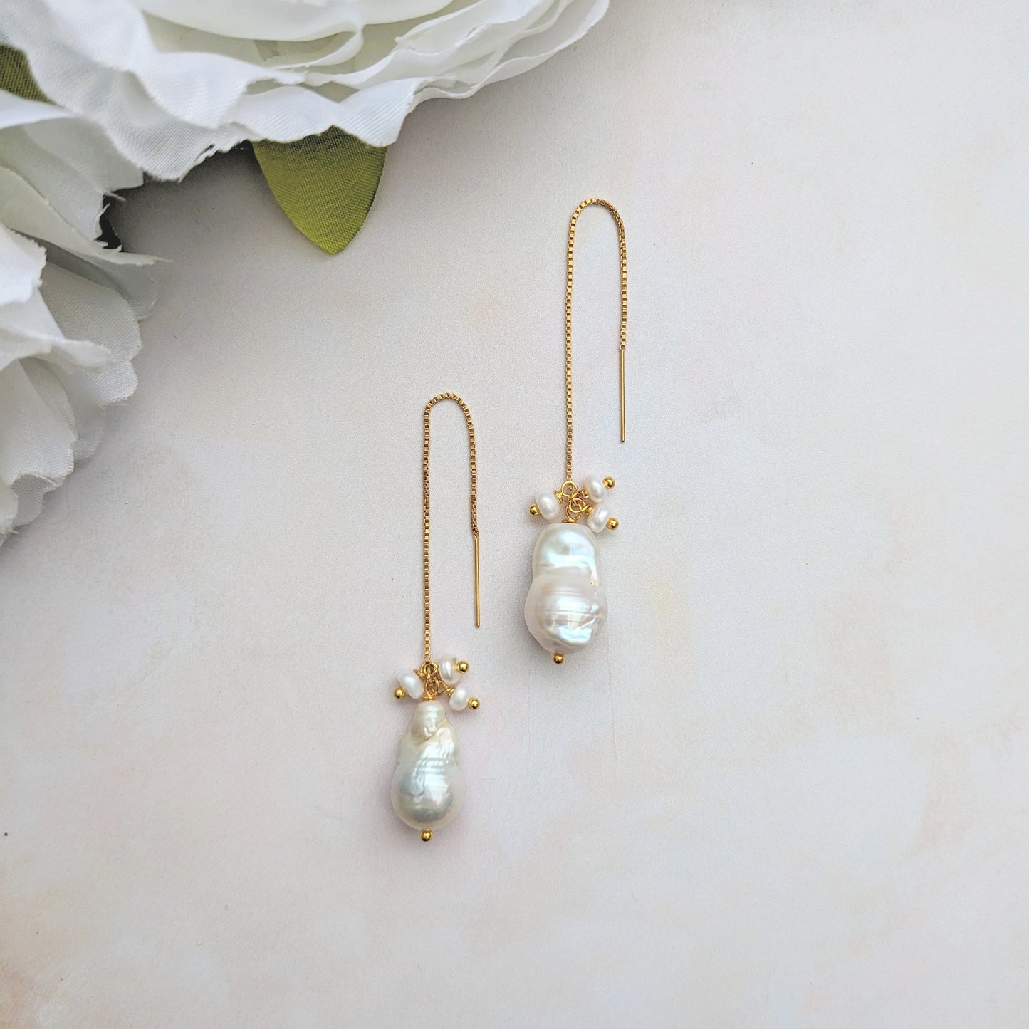 Baroque Pearl Drop earrings designed & handmade by Susie Warner.