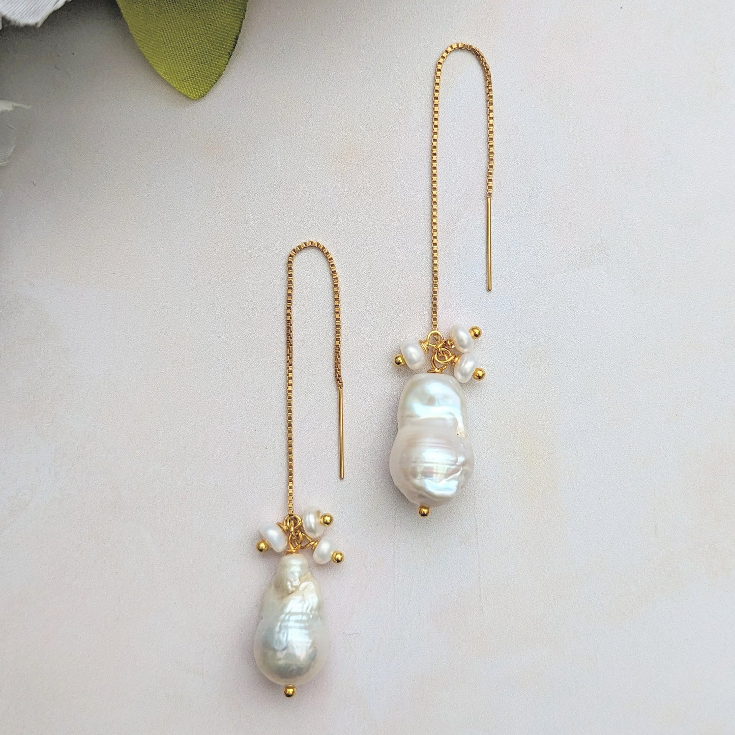 Pearl threader drop earrings designed & handmade by Susie Warner.