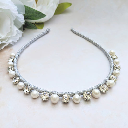 Statement modern pearl & crystal bridal headband designed & handmade by Susie Warner.