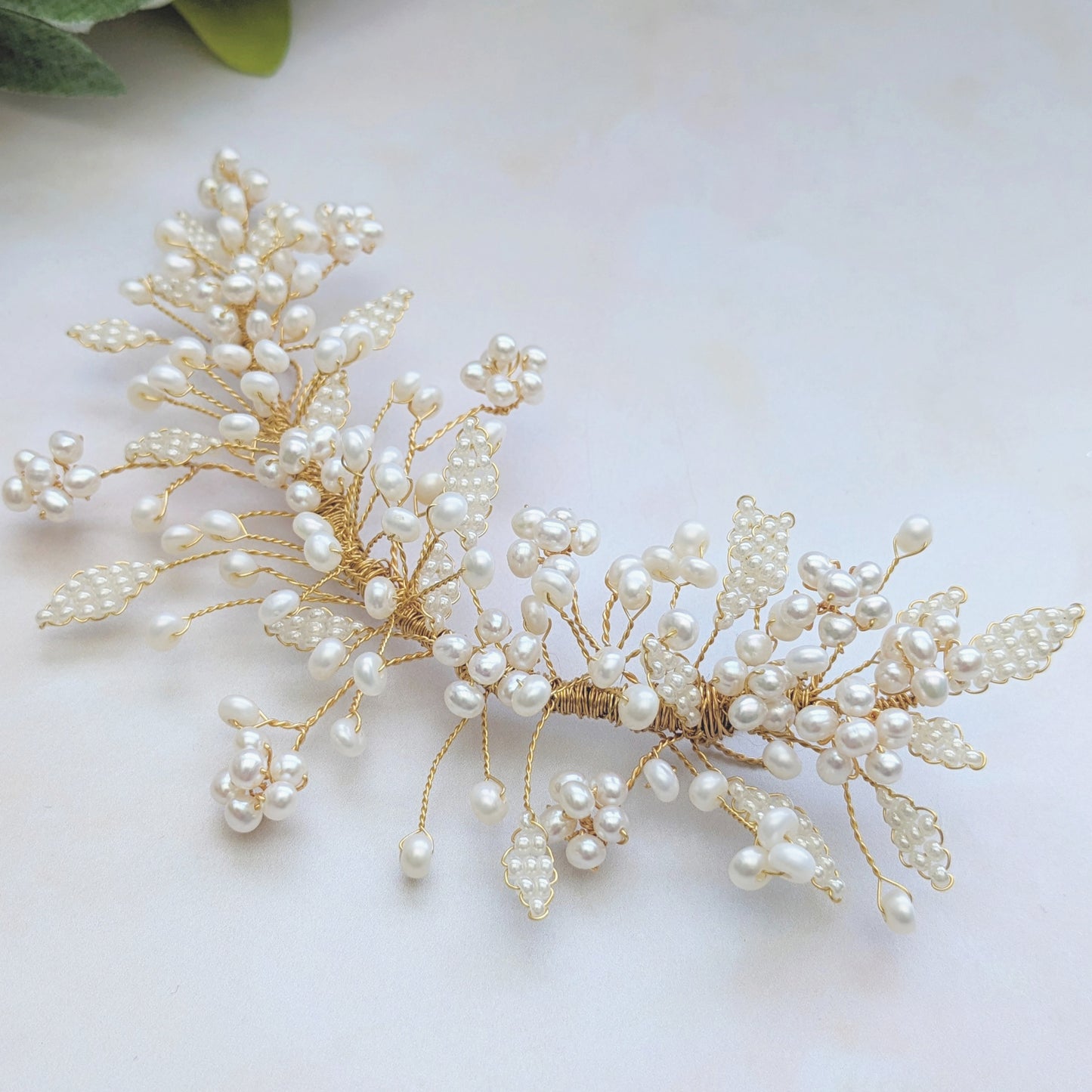 Statement pearl bridal hairpiece for weddings designed & handmade by Susie Warner.