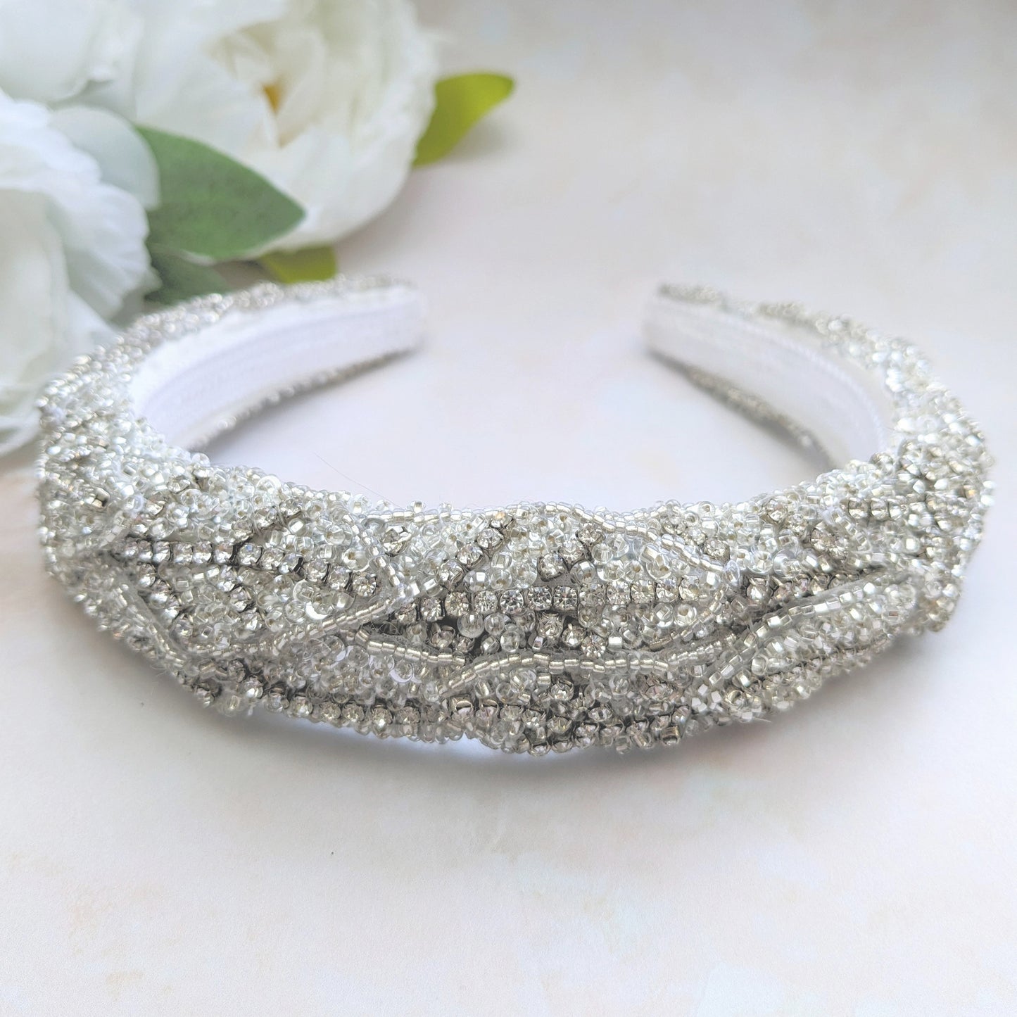 Statement modern crystal padded wedding headband for brides designed & handmade by Susie Warner.