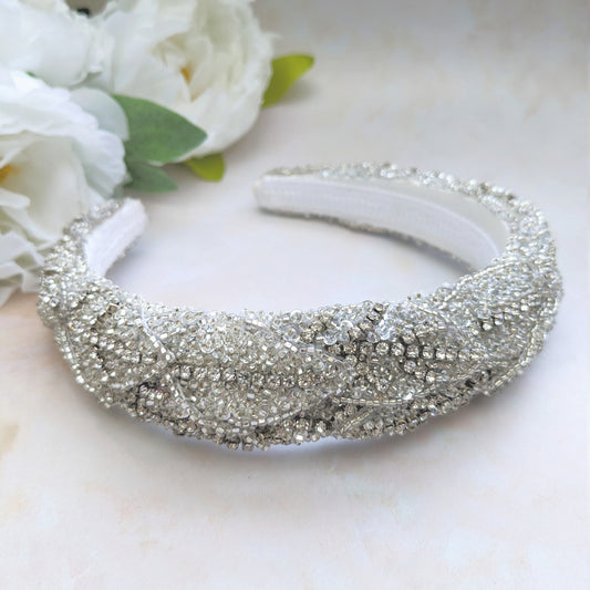 Statement crystal bridal headband for weddings designed & handmade by Susie Warner.