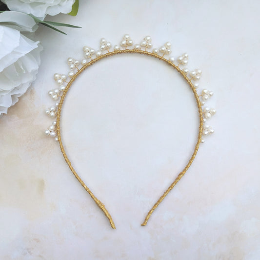 Statement freshwater pearl celestial headband for brides designed & handmade by Susie Warner.