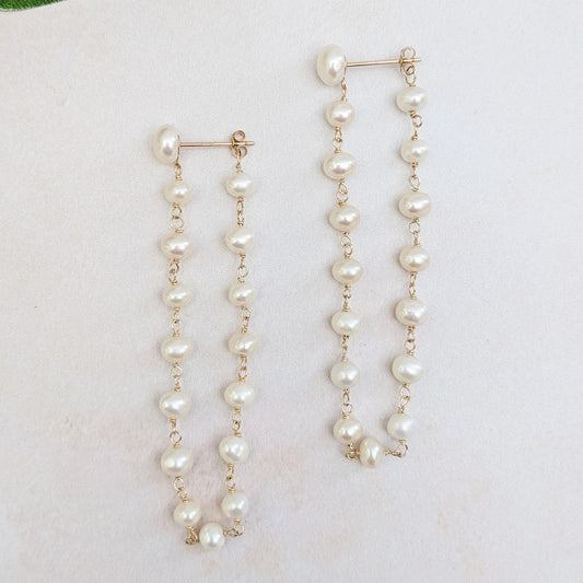 Statement 9ct gold pearl chain drop earrings for brides designed & handmade by Susie Warner.