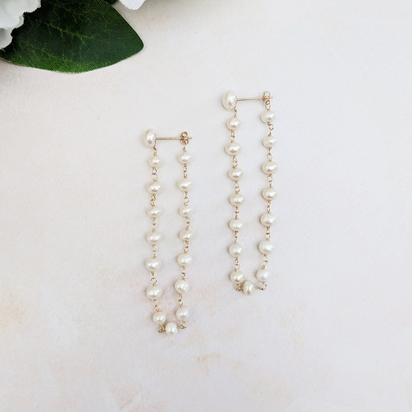 Statement pearl chain drop earrings for brides designed & handmade by Susie Warner.