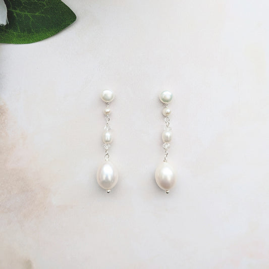 Pearl & white topaz drop earrings for brides designed & handmade by Susie Warner.