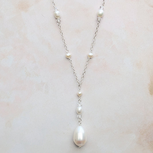 Pearl & white topaz stationed necklace with pearl pendant for brides designed & handmade by Susie Warner.