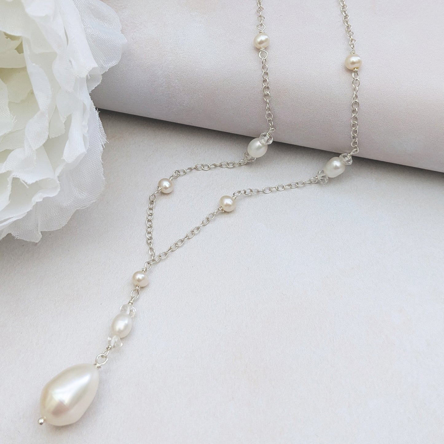 Pearl stationed necklace with white topaz for brides designed & handmade by Susie Warner.