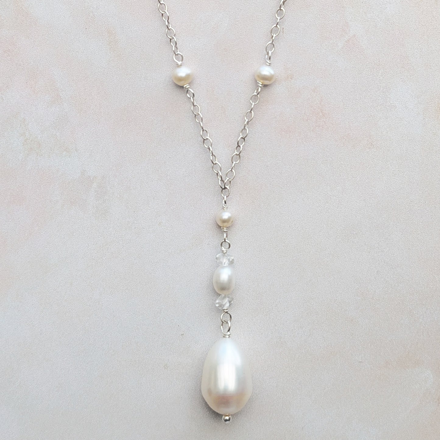 Pearl & white topaz stationed necklace for brides designed & handmade by Susie Warner.