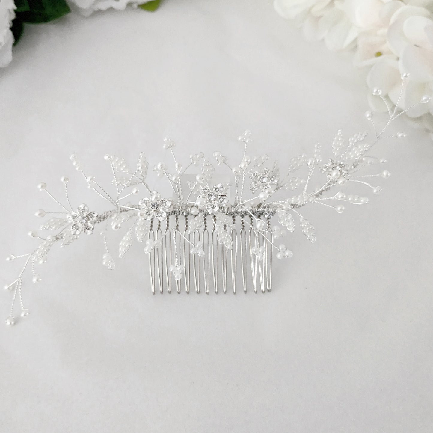 Juliet Crystal Flower & Beaded Pearl Leaf Bridal Headpiece