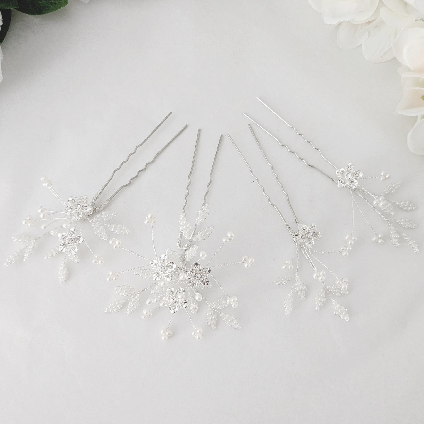 Juliet Crystal Flower & Beaded Pearl Leaf Hair Pins