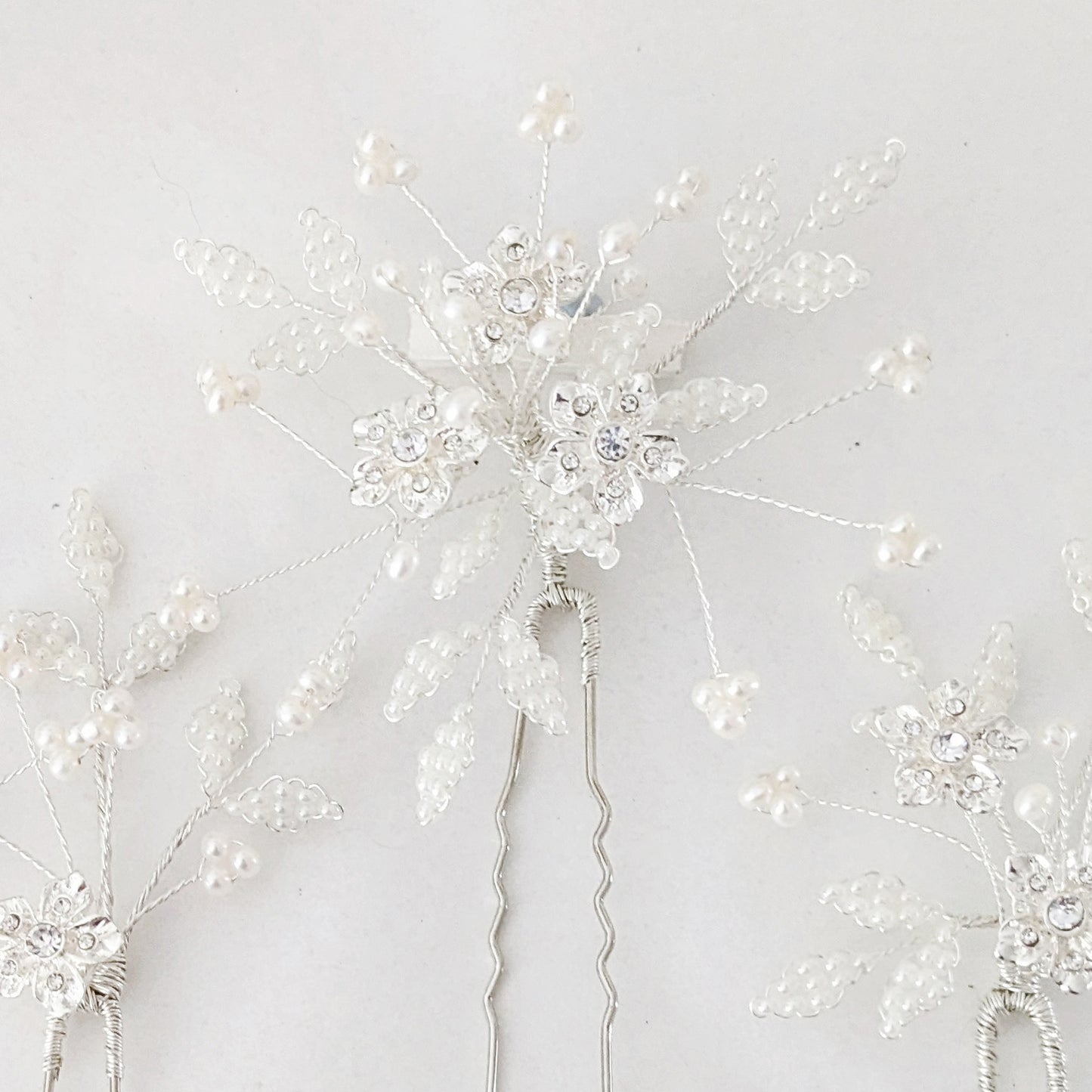 Juliet Crystal Flower & Beaded Pearl Leaf Hair Pins