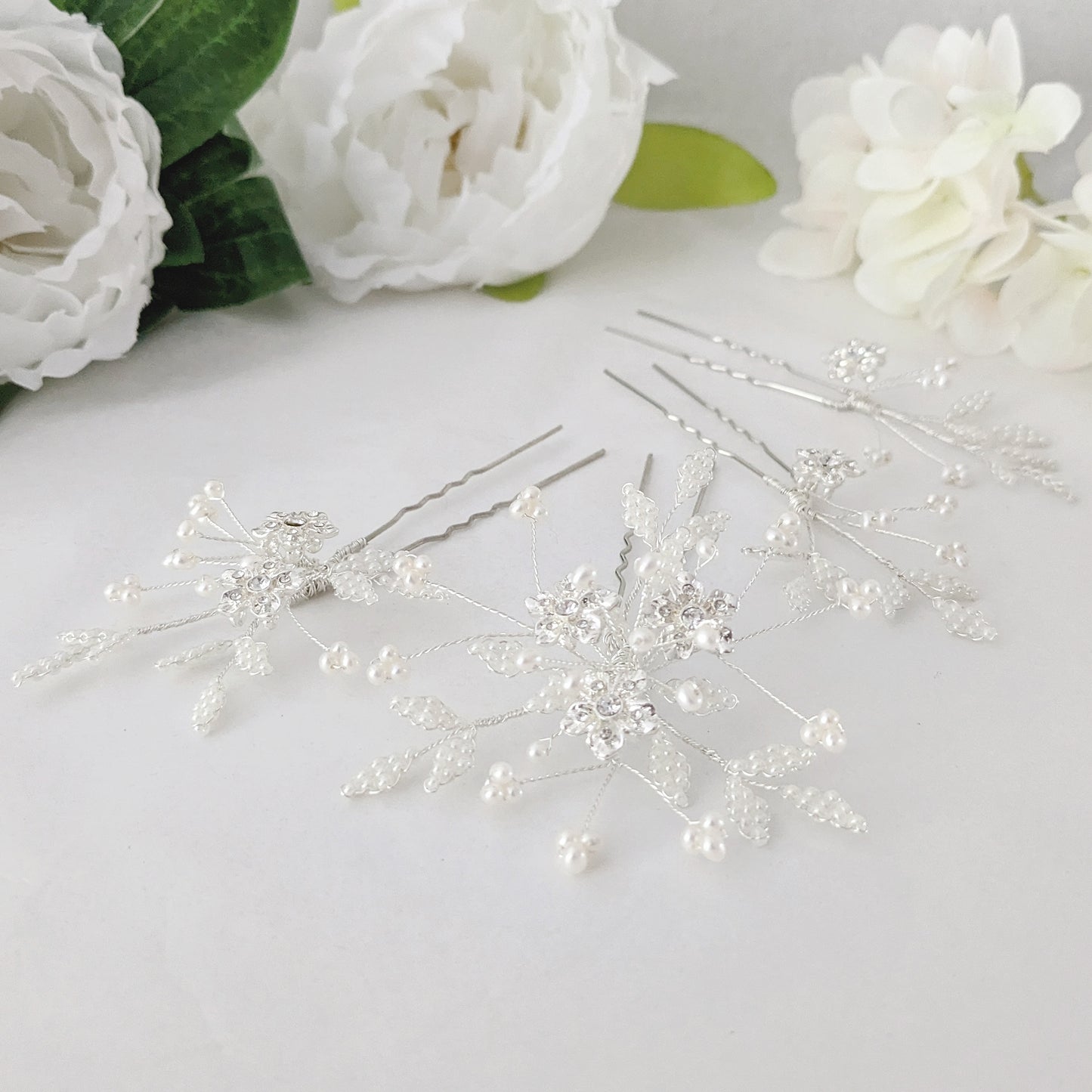 Juliet Crystal Flower & Beaded Pearl Leaf Hair Pins