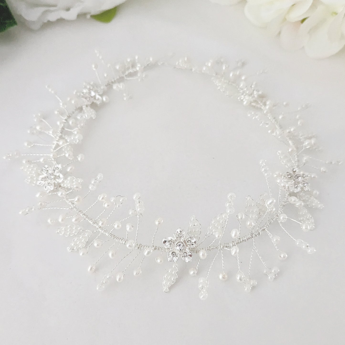 Juliet Crystal Flower & Beaded Pearl Leaf Hair Vine