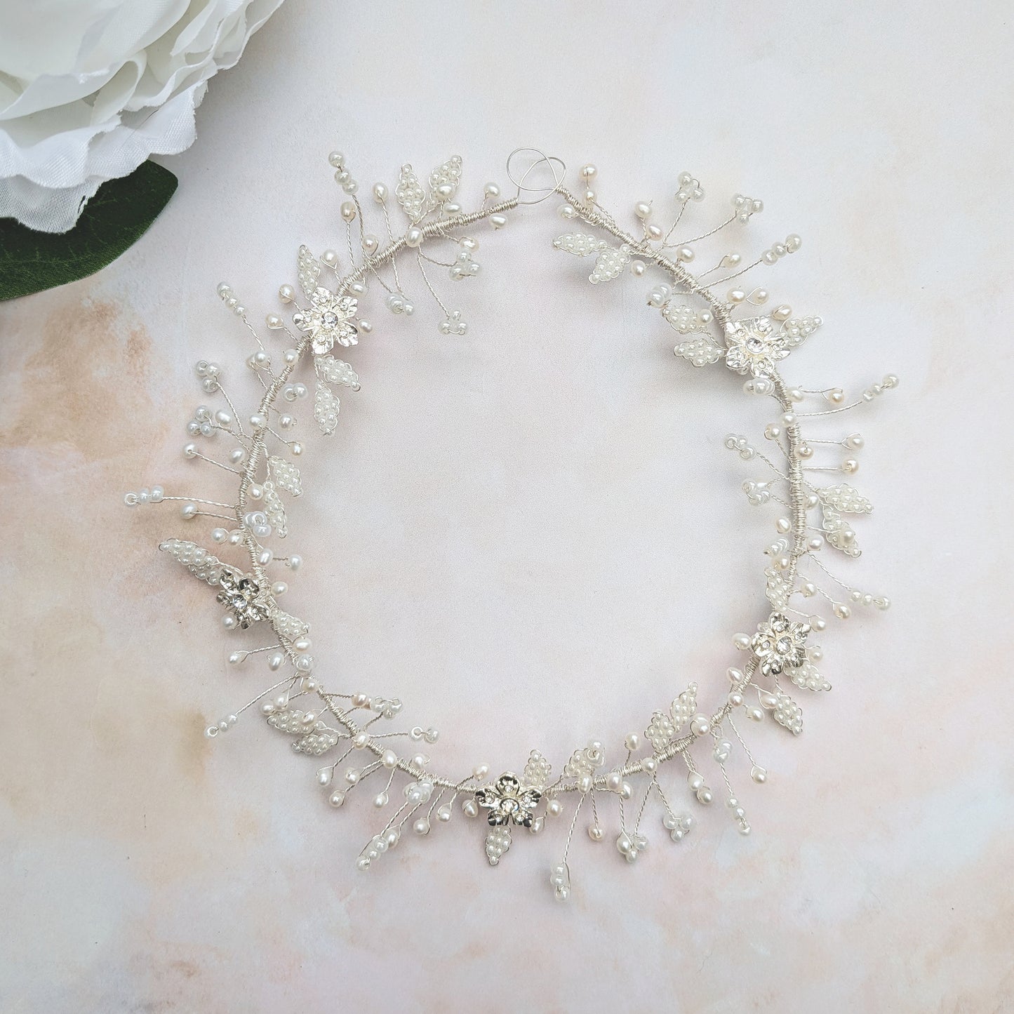Vintage floral hair vine with pearl leaves designed & handmade by Susie Warner.