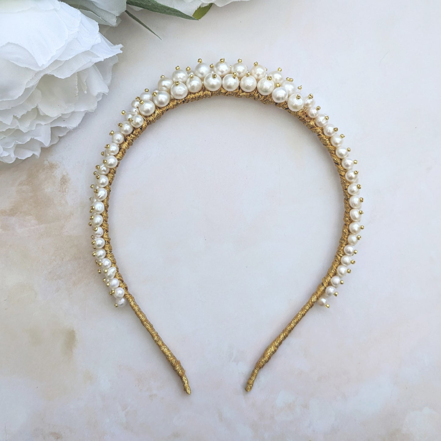 Statement modern luxury freshwater Pearl Bridal Headband for weddings designed & handmade by Susie Warner.