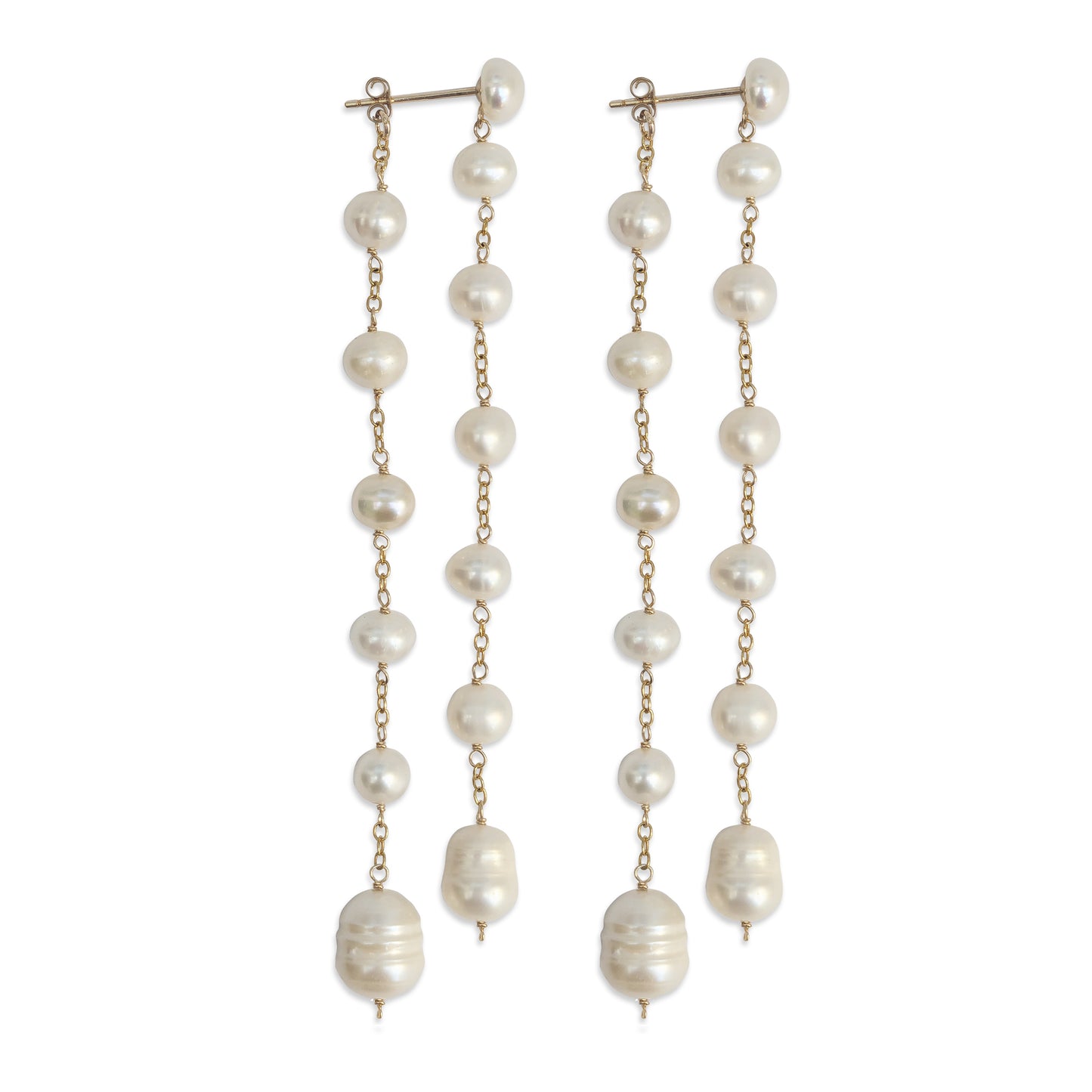 Statement pearl double drop earrings with pearl stud and butterfly drops for brides designed & handmade by Susie Warner.