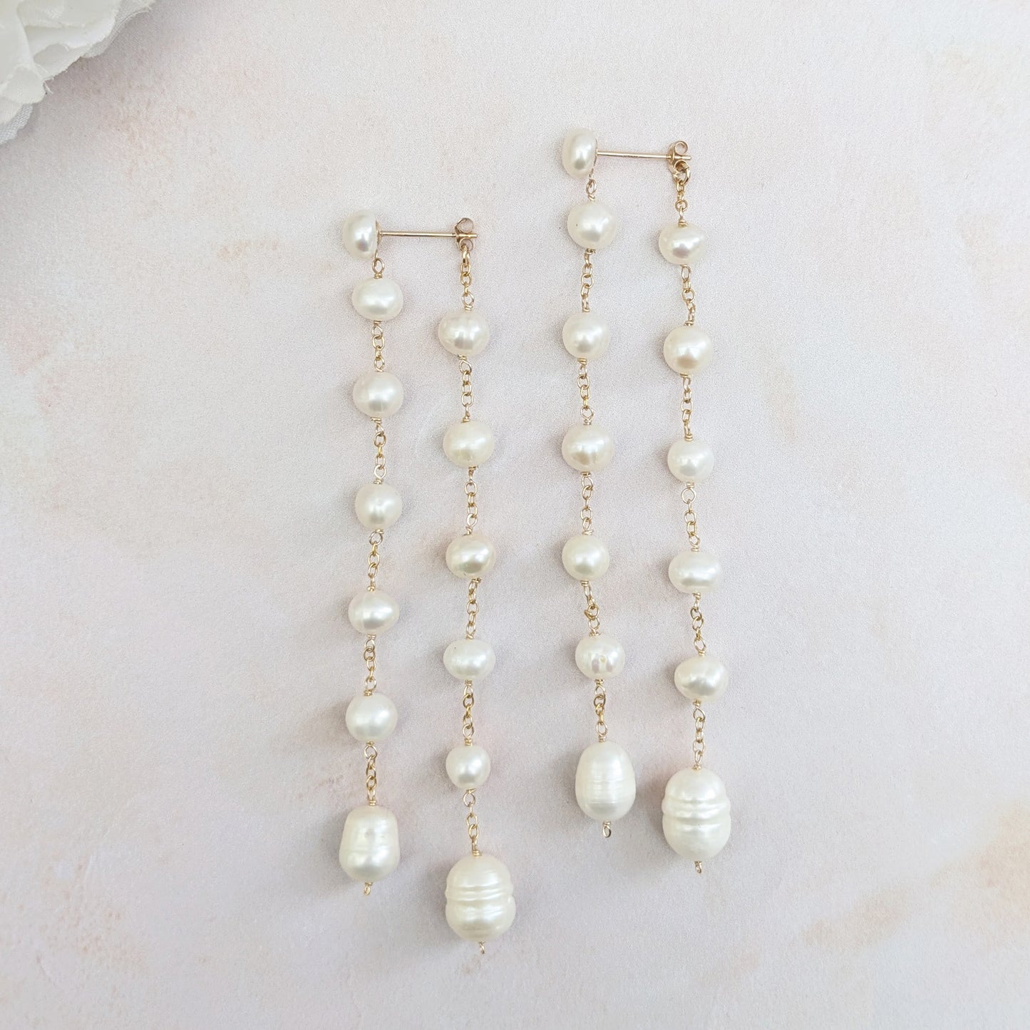 Statement pearl double drop earrings for brides designed & handmade by Susie Warner.