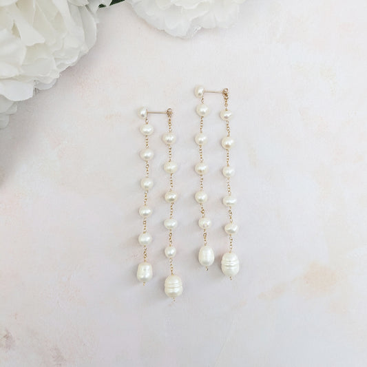 Statement pearl double drop earrings with front and back drops for brides designed & handmade by Susie Warner.