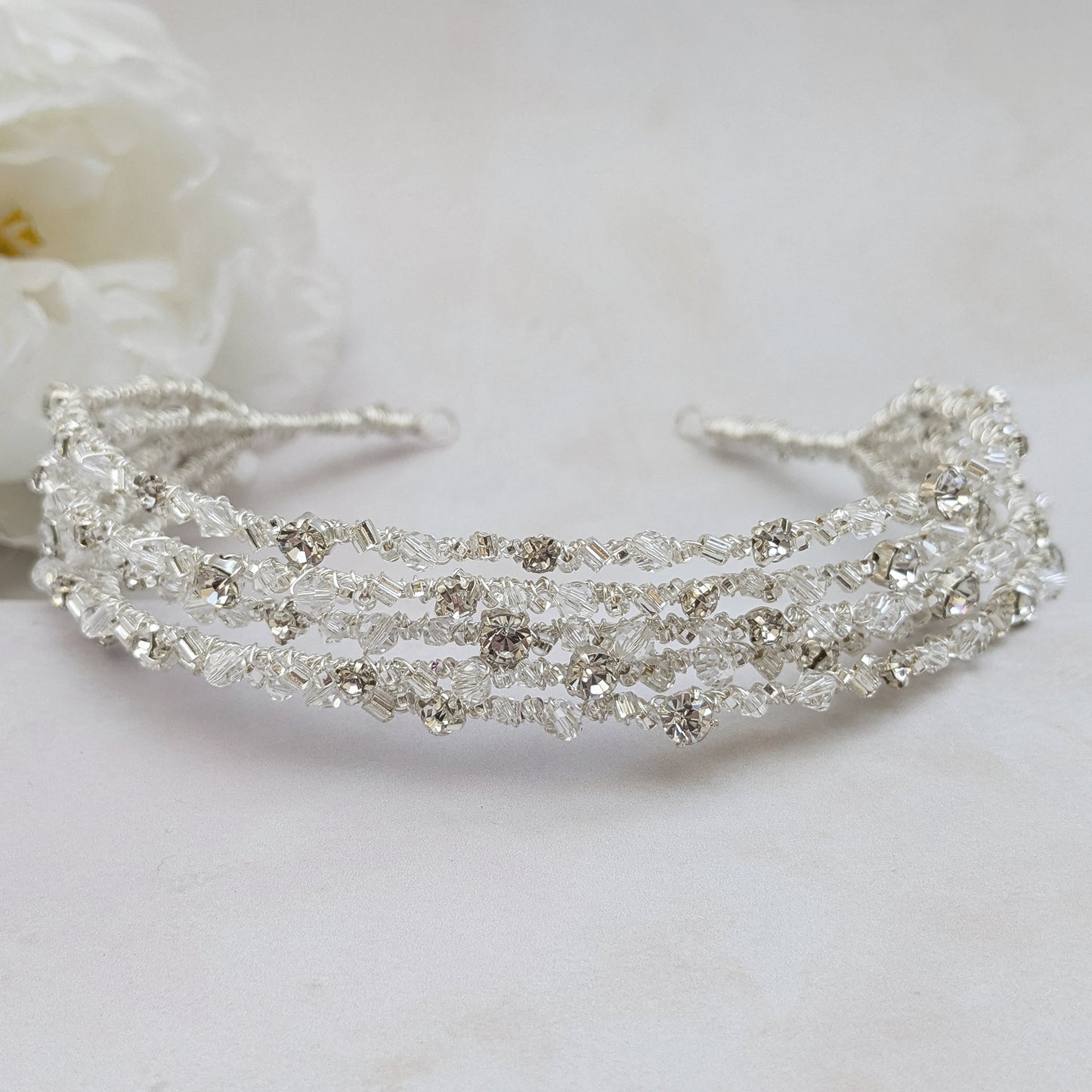 Stacked statement crystal headpiece for modern brides designed & handmade by Susie Warner.