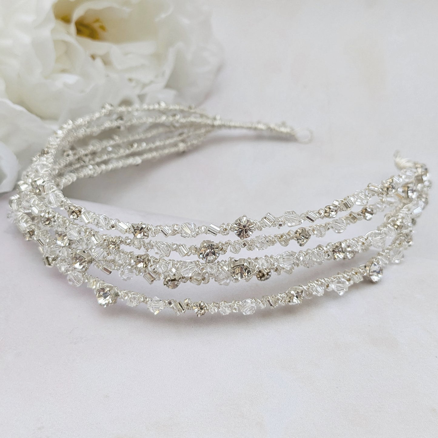 Layered crystal headpiece for modern brides designed & handmade by Susie Warner.