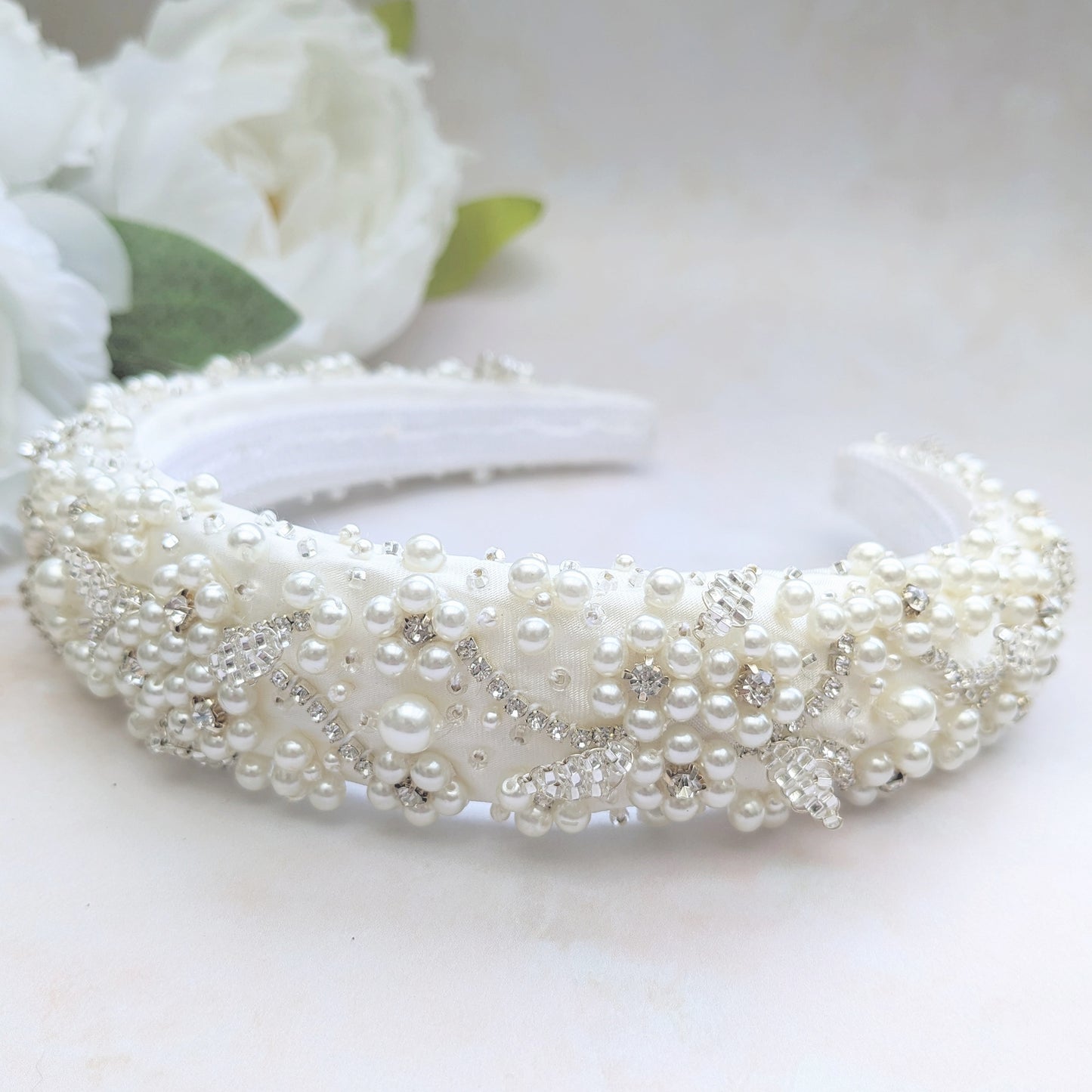 Statement modern pearl floral wedding headband designed & handmade by Susie Warner.