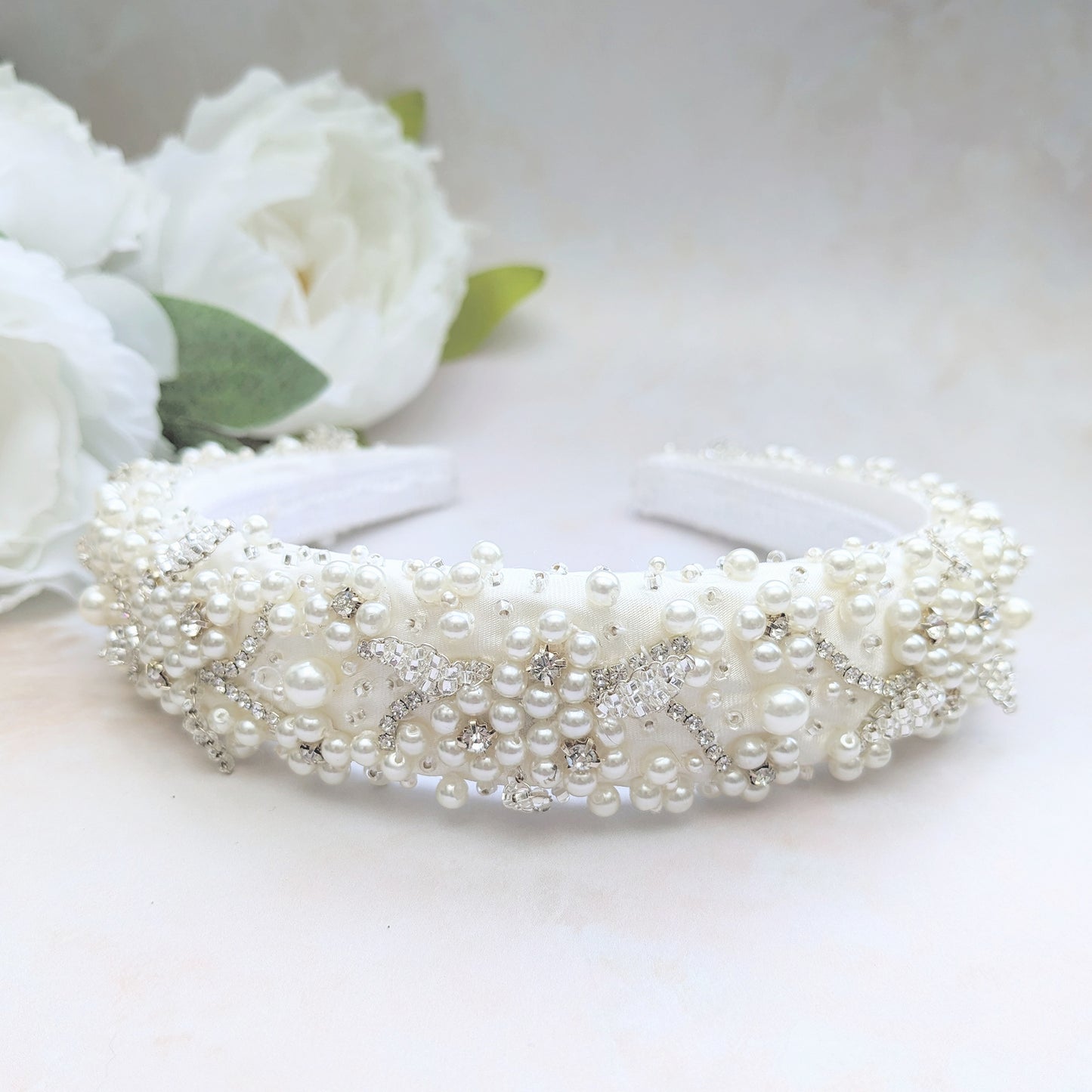 Statement vintage floral bridal headband for weddings designed & handmade by Susie Warner.