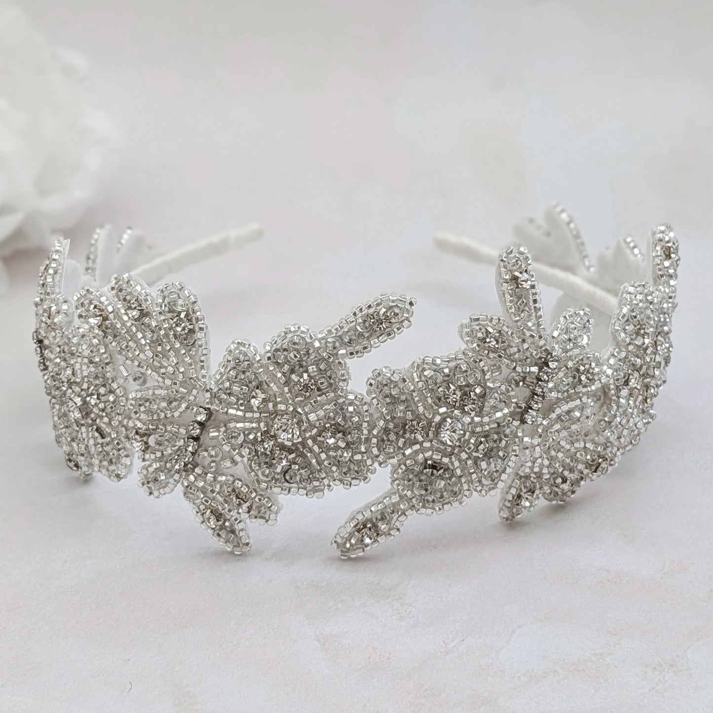 Statement beaded crystal floral headband for nature inspired brides designed & handmade by Susie Warner.