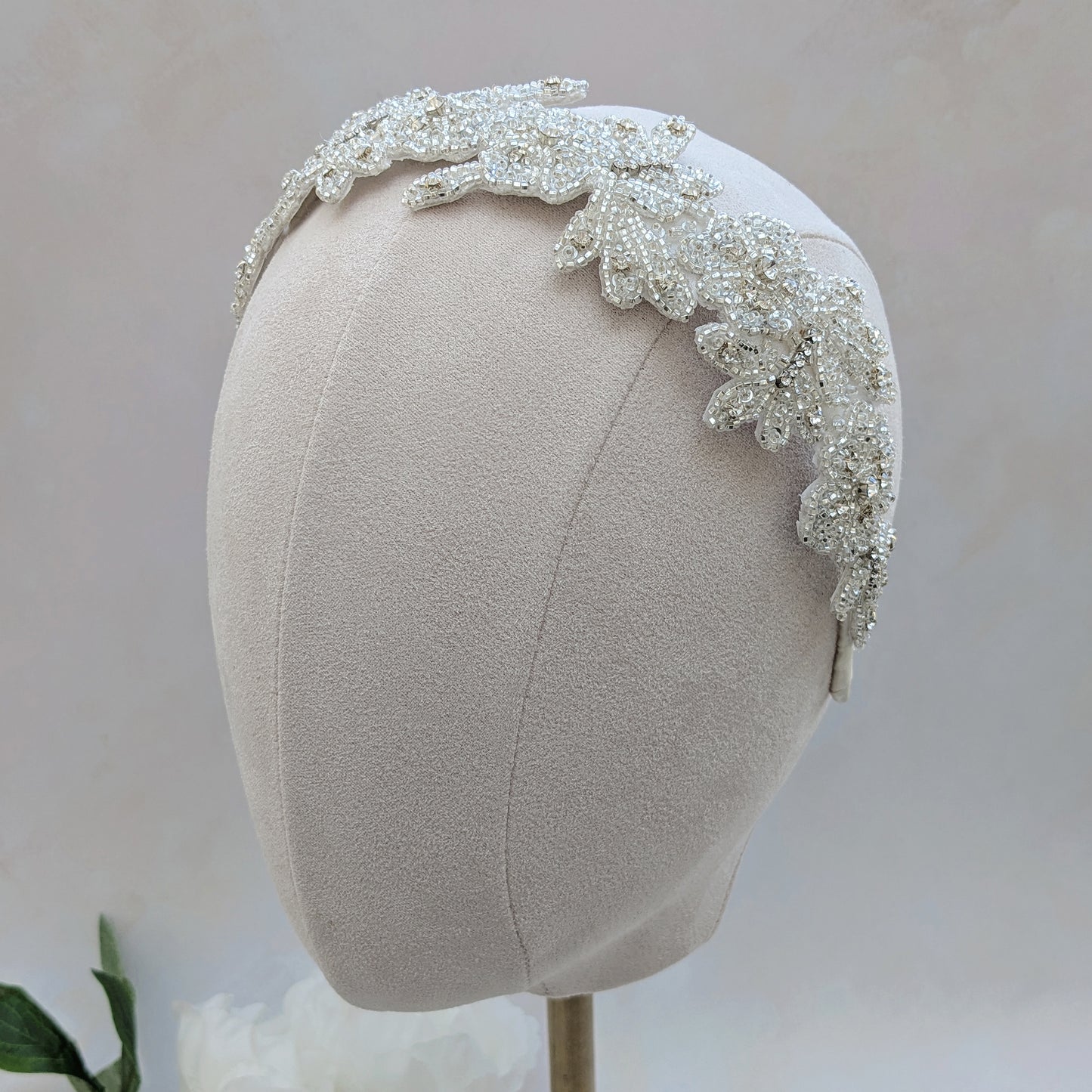 Statement floral headband for modern brides designed & handmade by Susie Warner.