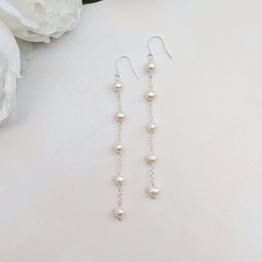 Freshwater pearl stationed drop earrings for brides designed & handmade by Susie Warner.